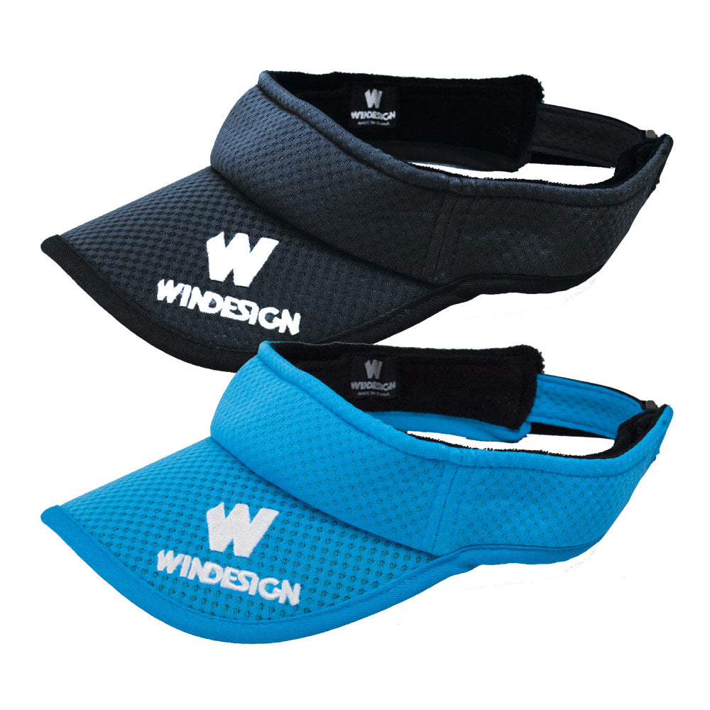 Windesign visor in blue or black, mesh fabric and pre-curved peak 